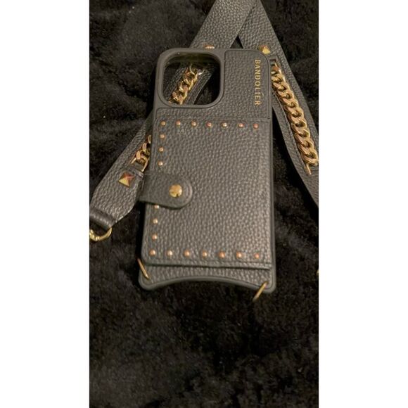 Bandolier studded MagSafe 15 pro max case &Thick black & gold curb chain strap